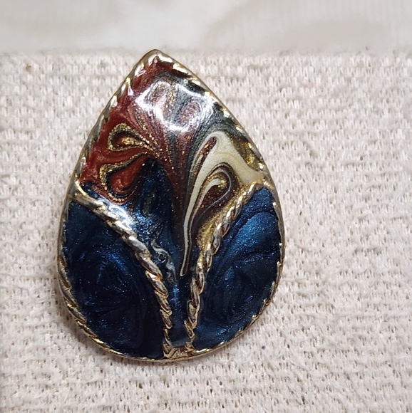 VINTAGE MADE IN USA ENAMEL COPPER PIERCED EARRINGS BLUE BROWN GOLD TONE - Picture 8 of 9